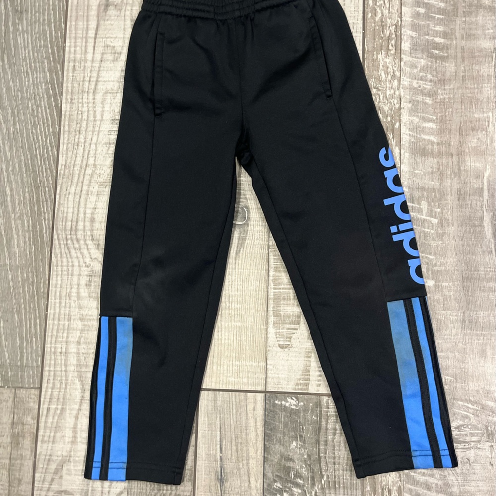 Adidas Track Suit Pants - Boys size 5 - Black with light Blue “Adidas” & Stripes